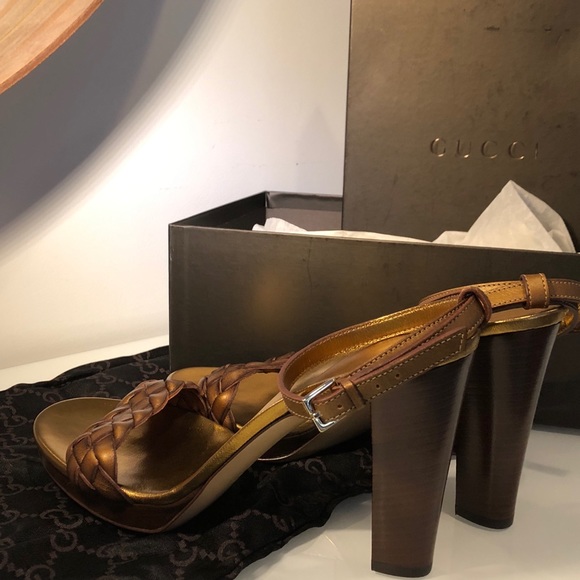 NIB Gucci Bronze Metallic Braided Stacked Heel 8.5 - Picture 3 of 8